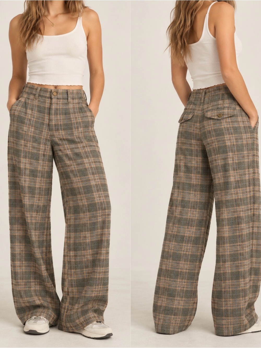 American Eagle Super High Rise Baggy Wide Leg Plaid Pants Gray Tan Preppy Trouse